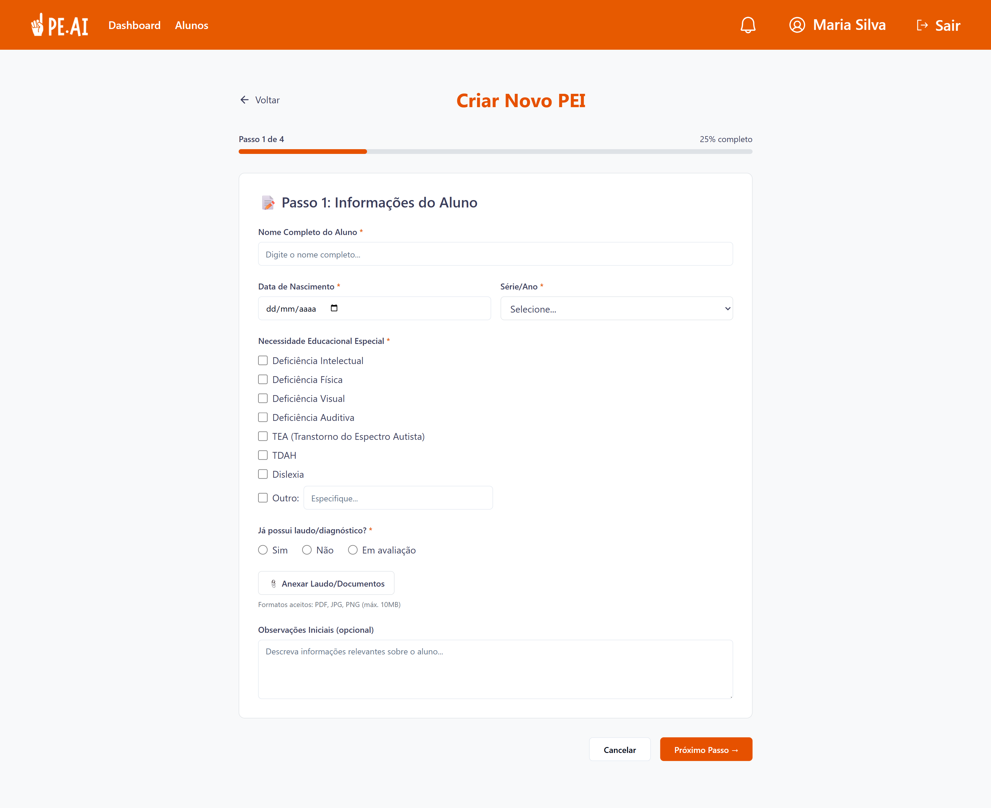 Formulário de criação de PEI