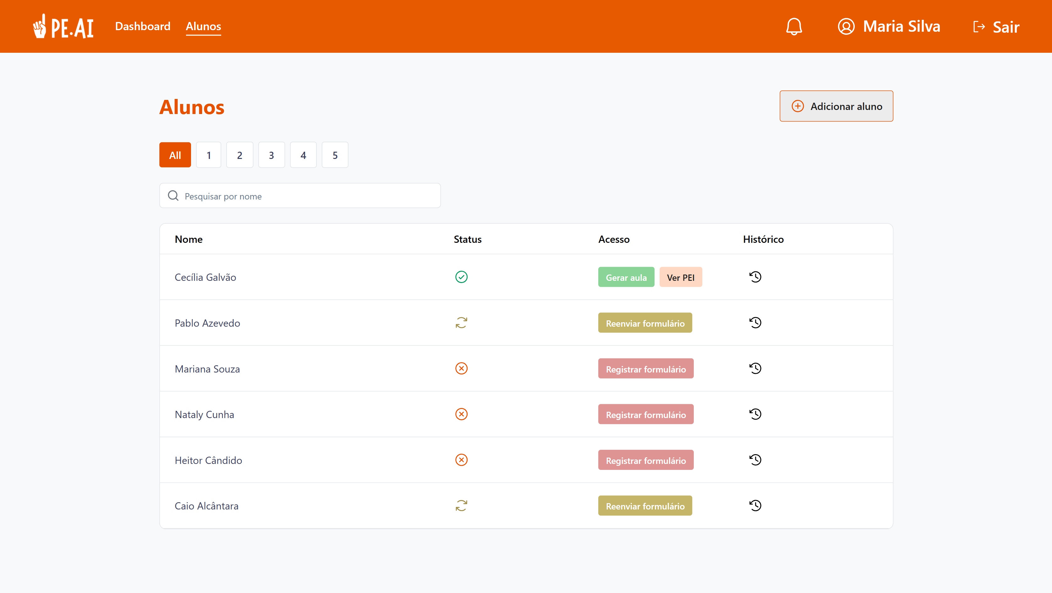 Listagem de alunos com filtros