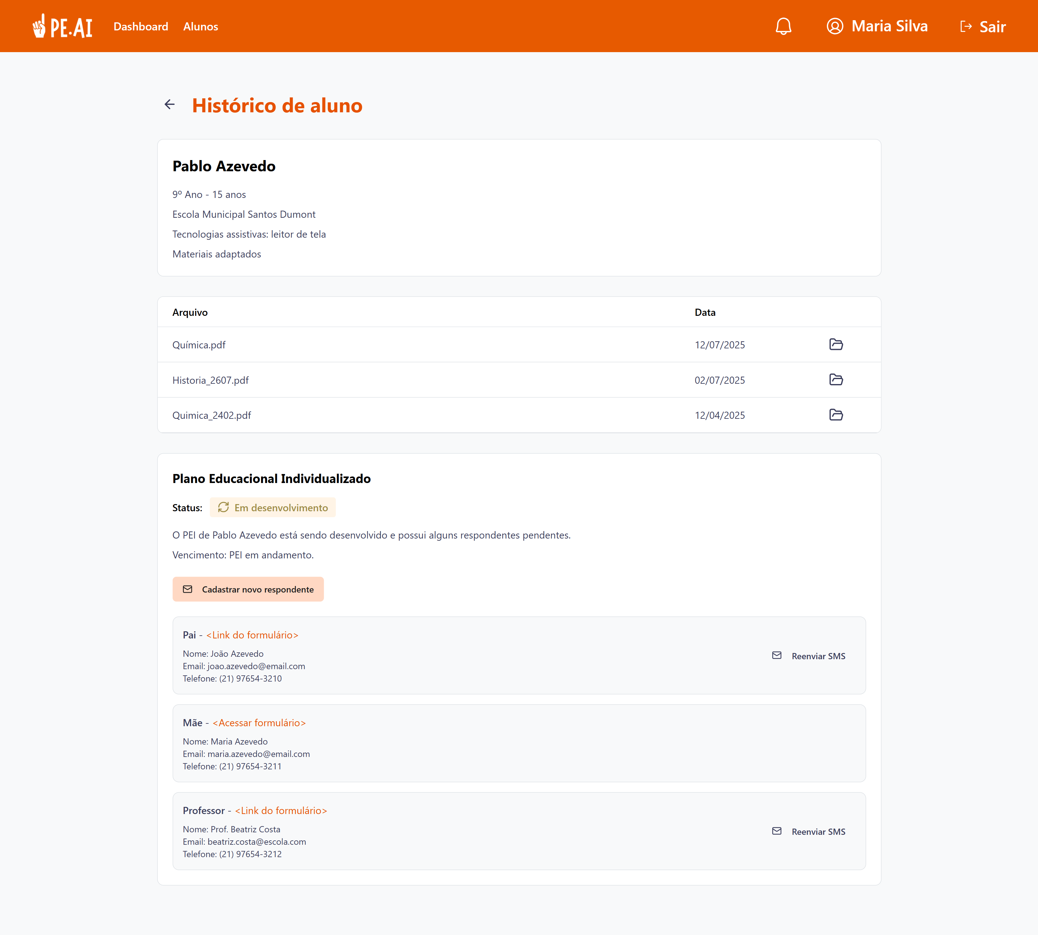 Histórico de aluno mostrando status dos respondentes