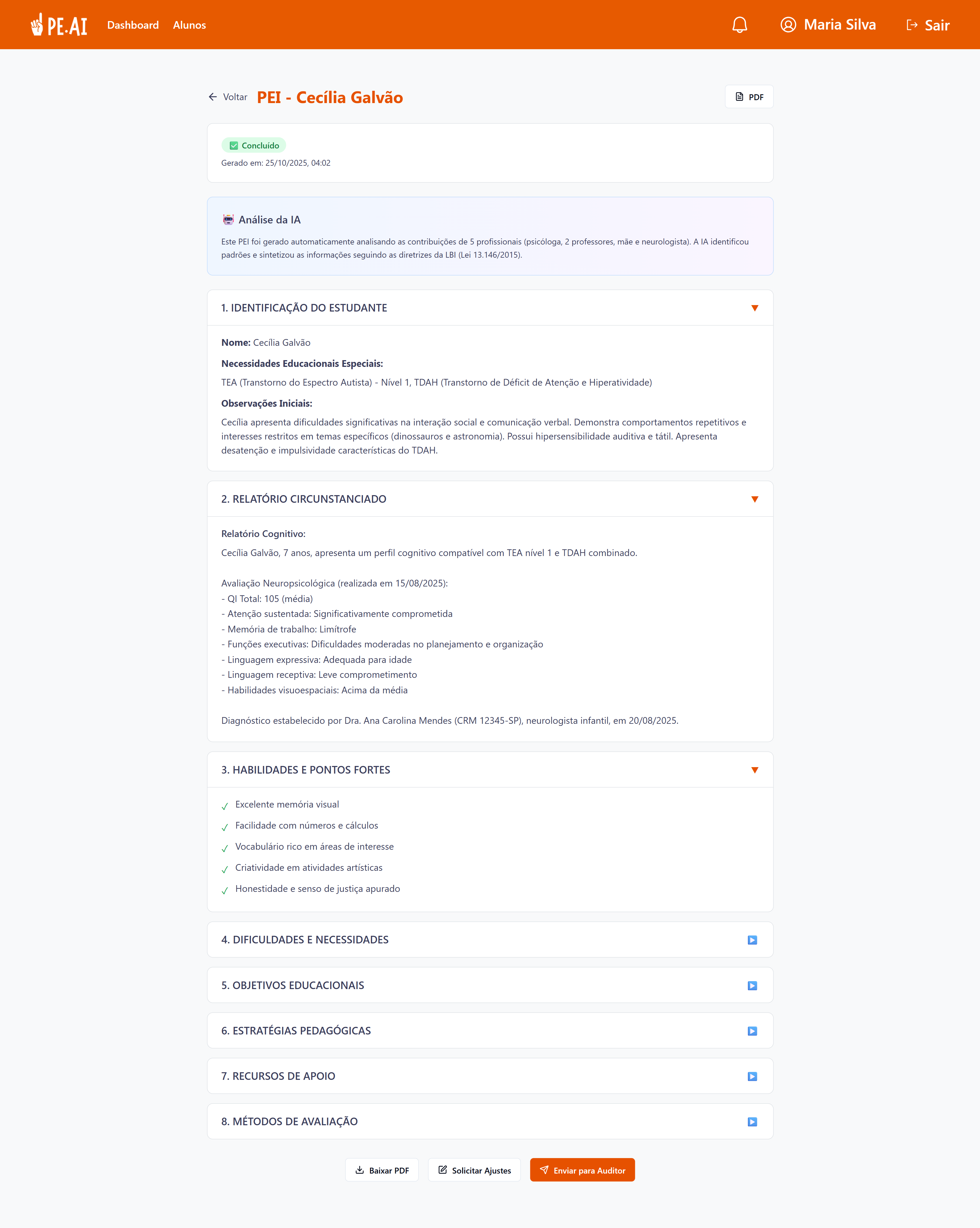PEI com seções estruturadas