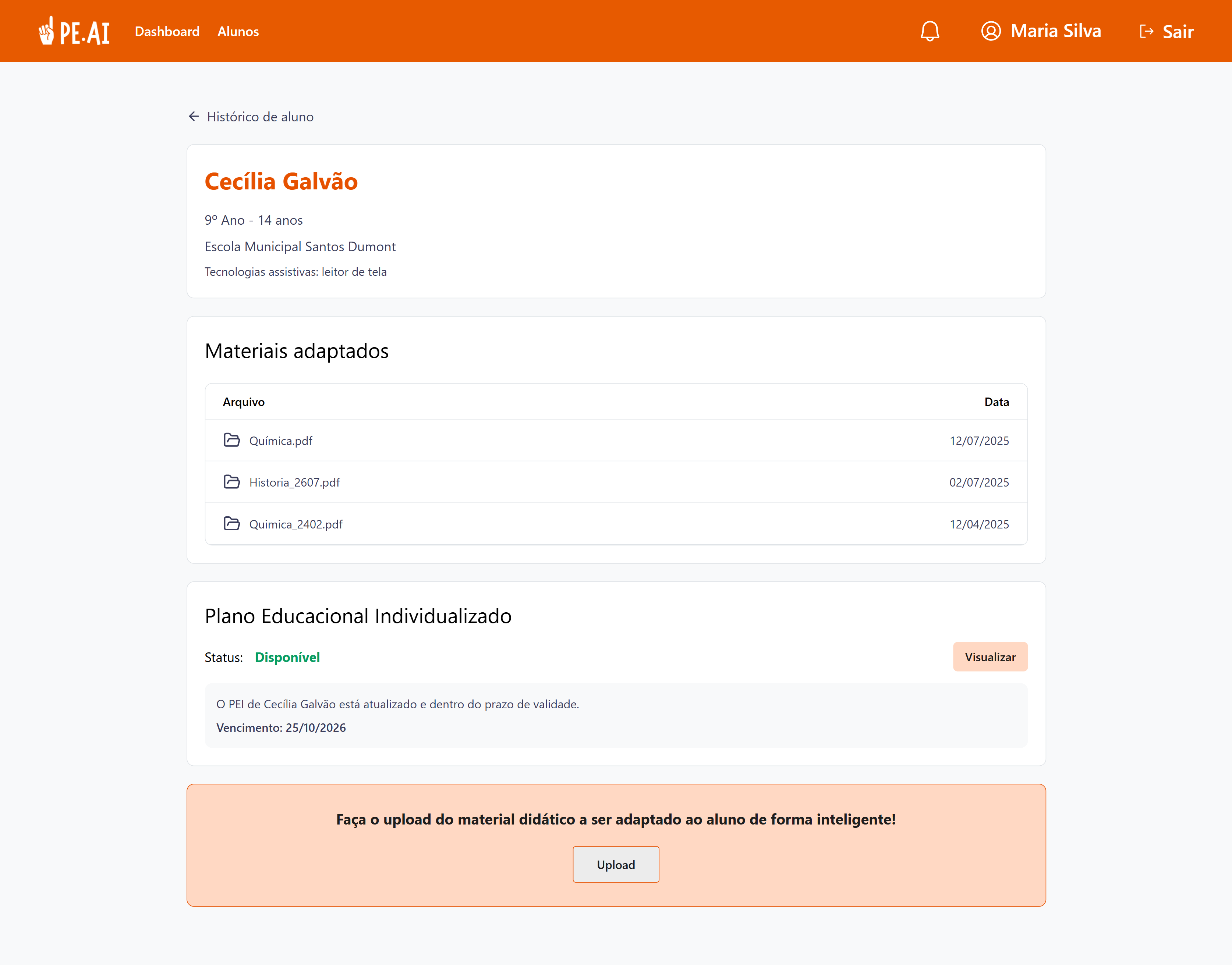 Interface de upload de material